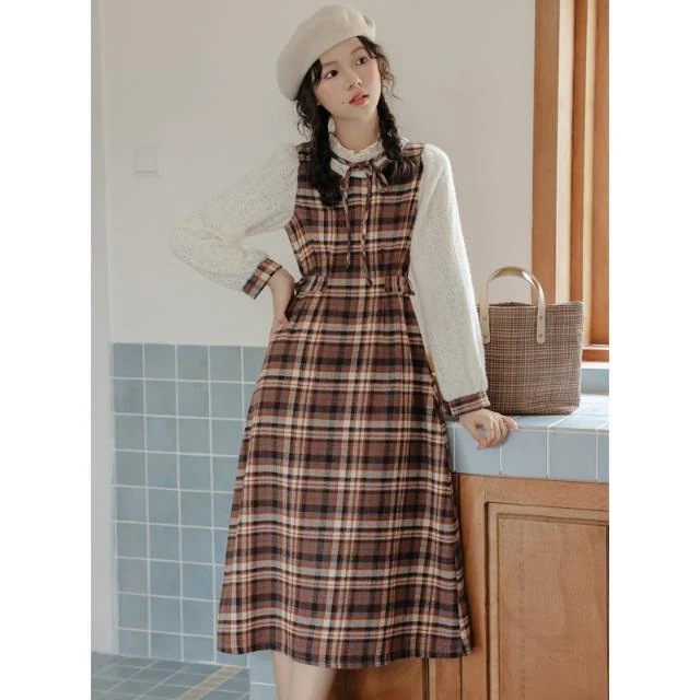 フレンチ文芸風感格子ワンピース腰を収めて痩せて優しいファッション気質長袖スカートの女性