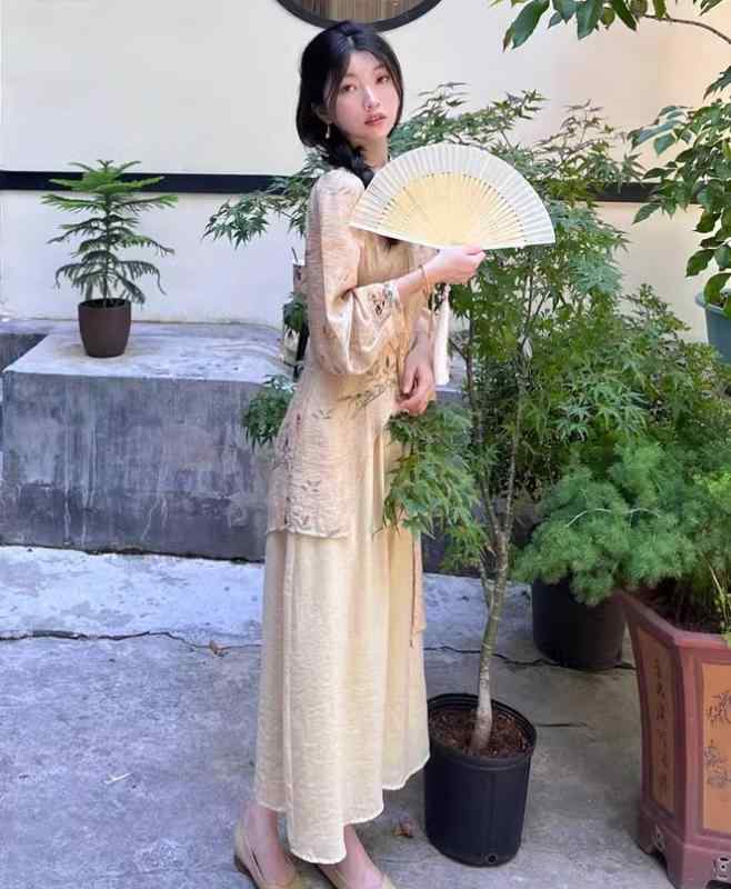 レトロ チャイナドレス 普段着 日常 ワンピース レディース アオザイ ロング丈 イエロー