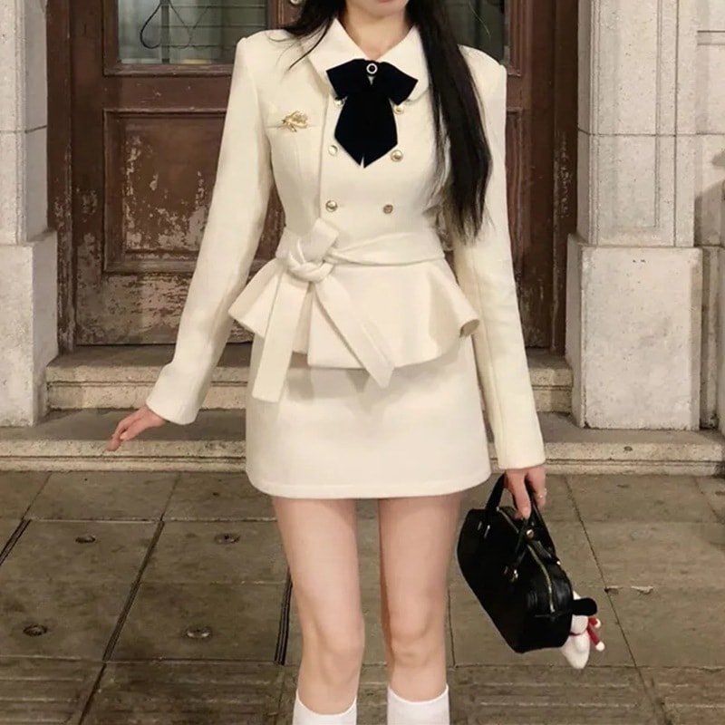 秋冬用のレディース向けエレガントで洗練されたツーピースセット：長袖のフィットするトップスとスリムスカート