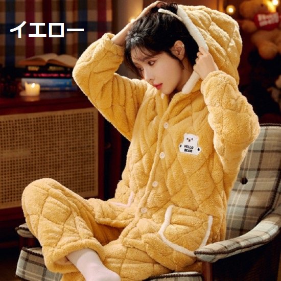 【取寄：納期2週間】ルームウェア レディース パジャマ ホームウェア おうち服 フード付き キルティング くま クマ アニマルモチーフ ワンポイント ベア 可愛い シンプル ポケット リラックス