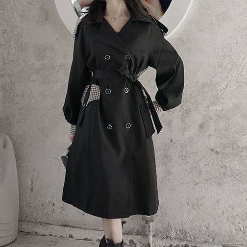 アウター 上着 コート トレンチコート Ａライン 膝下丈 ロング丈 ボリューム袖 チェック 格子柄 無地 襟付き ダブルブレスト バックシャン バックコンシャス 体型カバー スタイルアップ lout0