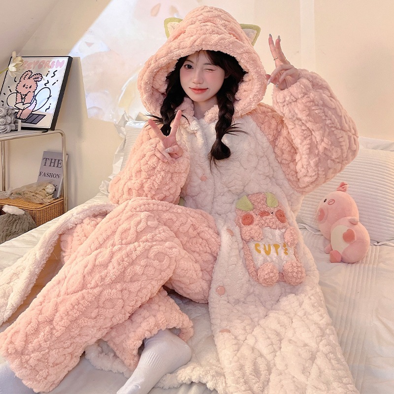 珊瑚絨毯帽スリーパー少女冬2024加絨毯加厚かわいい秋冬部屋着セット