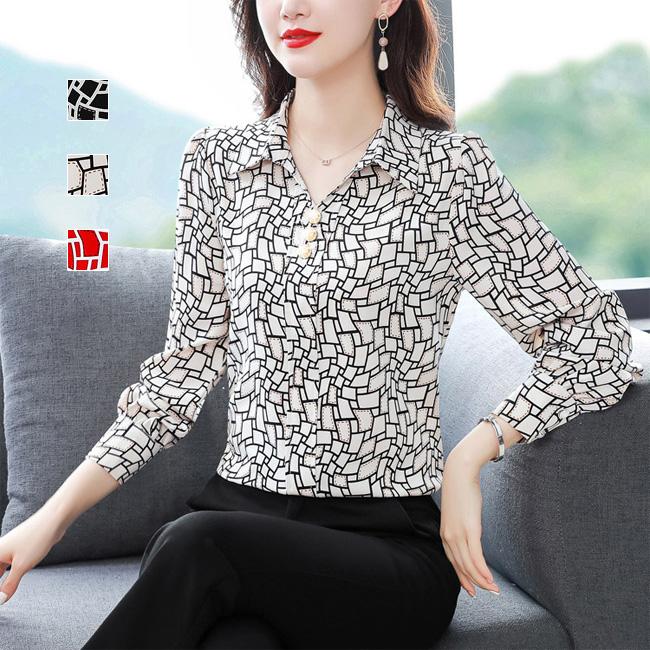 トップスシャツブラウス幾何学柄シフォンブラウス長袖三粒ボタンレディーストップス