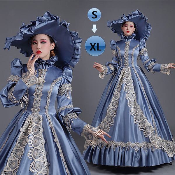 ロングドレス 貴族ドレス お姫様ドレス 中世ヨーロッパ ステージ 衣装 貴婦人 ラフカラー 帽子付き 演奏会 舞台衣装 貴族風 メルヘン イベント衣装 声楽 オペラ イベント プリンセスライン ワンピ