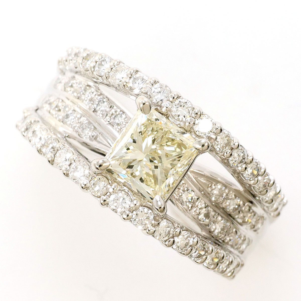 PT900 プラチナ リング・指輪 11.5号 イエローダイヤモンド 1.007ct ダイヤモンド 0.70ct VS2 鑑定書 総重量約9.6g 中古