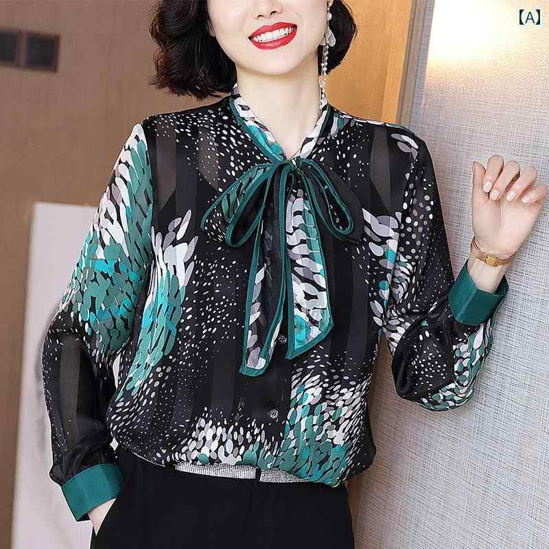 レディース シャツ 長袖 リボン ブラウス トップス レトロ花柄 おしゃれ フェミニン エレガント 外出着 オフィス ビジネス ランチ 観光