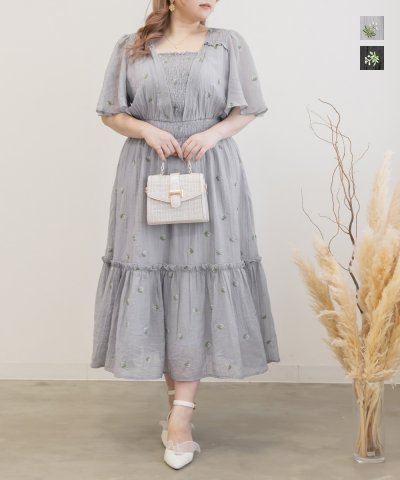 大きいサイズ レディース LL 3L 4L XL XXL XXXL CLETTEオリジナル刺繍花柄シャーリングワンピース