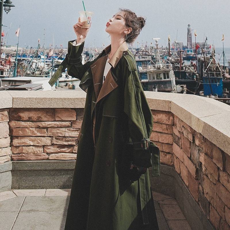 【急速出荷】アウター レディース コート ロング トレンチコート 切り替え バイカラー 秋カラー ベイクドカラー かっこいい おしゃれ ルーズ 長袖 重ね着風 ウインドブレーカー 無地 カーキ グリ 5,039円