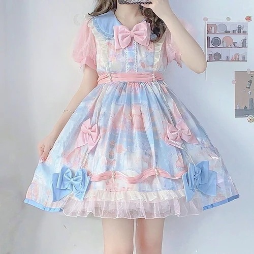 パステルカラーリボンワンピース キャンディーペーパー ロリータ 長袖 半袖 ドレス スウィート かわいい ドール ロールプレイ コスプレ