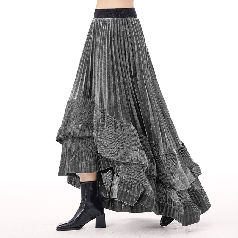フレンチレトロなニッチデザイン感あふれる重工プリーツスカート女性ストリート風ファッションゆったりフレアAラインスカート