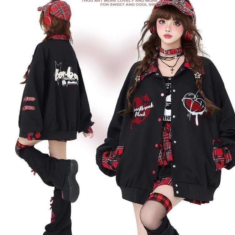 L【急速出荷】サブカルプリントプレイドスプライスベースボールジャケットブラウストップルーズ秋冬レディースジャケット ジャケット