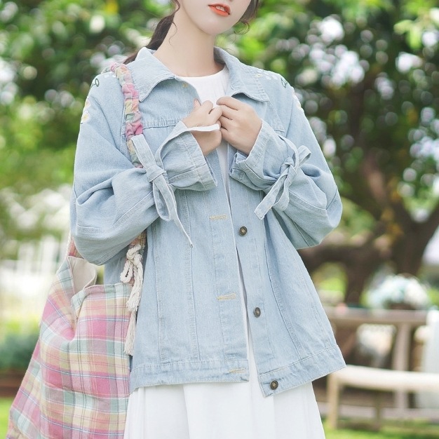 【着用レビュー】アウター レディース デニムジャケット ショート丈 S M L 韓国 刺繍 花柄 ドローストリング キャンディ ブルーデニム かわいい 大人可愛い カジュアル フェミニン おしゃれ 4,932円