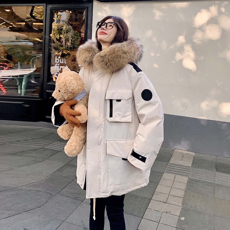 色の衝突グースダウンジャケット2024新しいアウトドア極寒肥厚大きな毛皮の襟作業服パイオーバーコート