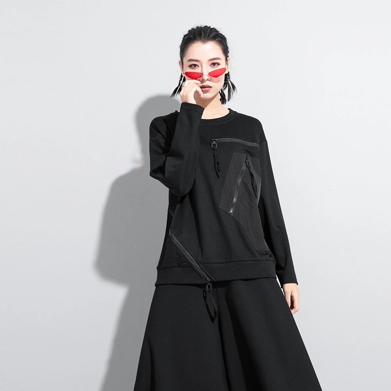 Ins風暗黒欧米女服秋の新型長袖tシャツジッパー装飾スウエット大きいサイズティーシャツ30%制限
