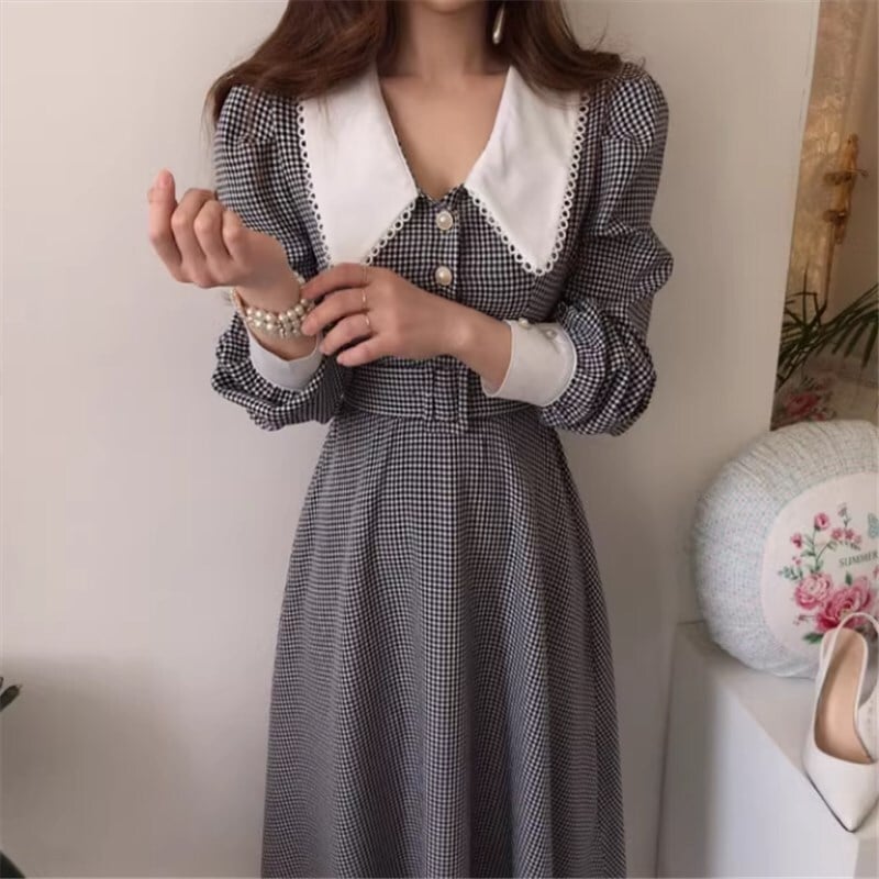 ワンピース ロングスカート ロング ロング丈 ミモレ丈ワンピース 袖あり 長袖 人形の襟 Aライン ハイウエスト かわいい 大人可愛い きれいめ シンプル カジュアル 大人 上品 おしゃれ お洒落