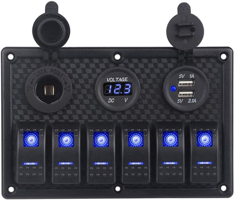 ボートスイッチ ロッカースイッチ 6連 防水 スイッチパネル 車 船 マリン ロッカー スイッチパネル DC12-24V 船舶用品 USBチャージャー LED電圧計付き lixin0817-6
