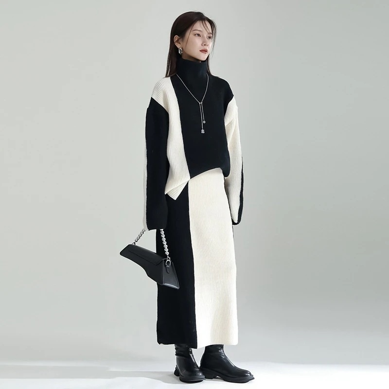 【J.Fashion】黒白 ドッキング 上下セット 秋冬 「ニット＋スカート」ワンピースセット タートルネック ニットセットアップ ジャージ スウェット 卒業式 スーツセットアップ メガ割