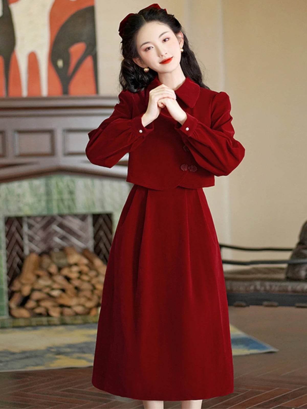 レトロレッドベルベットフェイクツーピースドレス気質ドレスホームトースティングスーツブライダル秋服安い