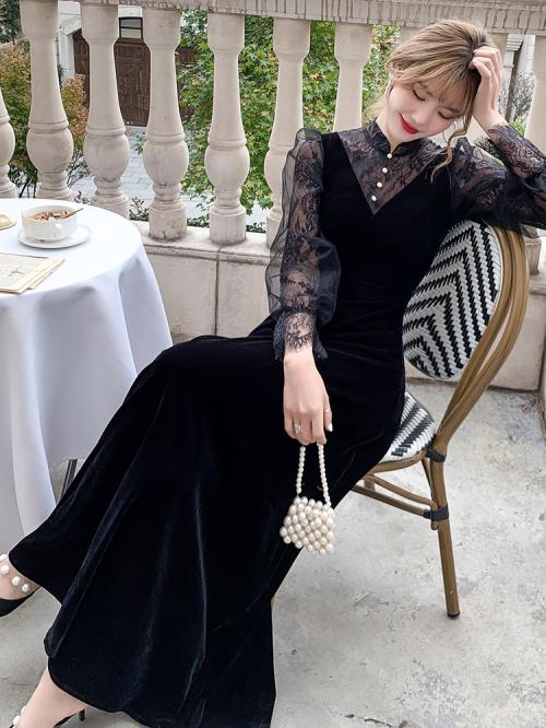 結婚式 服装 ドレス ベロアワンピース ベルベットドレス オケージョンドレス パーティドレス パーティードレス 韓国 イブニングドレス 黒 20代 30代 40代 スマートカジュアル