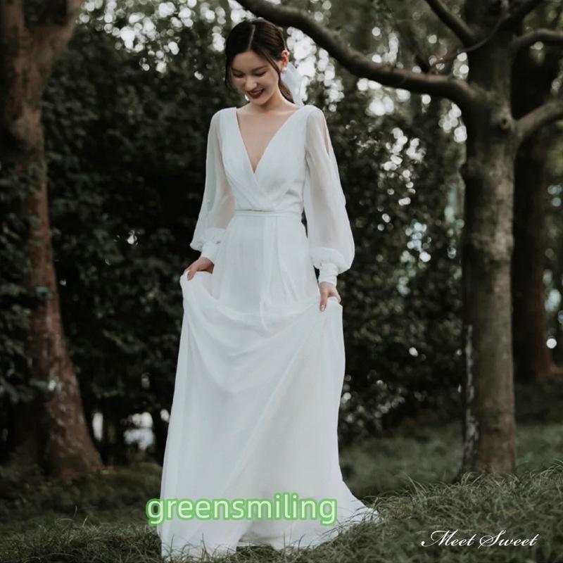 ウェディングドレス ロングドレス スレンダードレス 長袖 ロングスリーブ Vネック 二次会 結婚式 前撮り 後撮り ブライダル 花嫁 ウエディングドレス