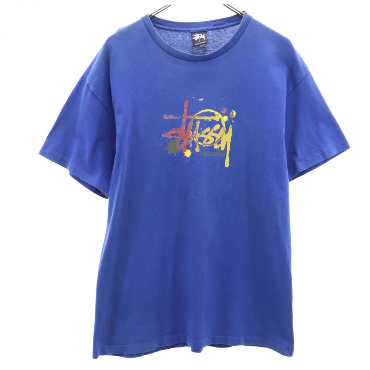 90s USA製 紺タグ オールド プリント 半袖 Tシャツ L ブルー メンズ