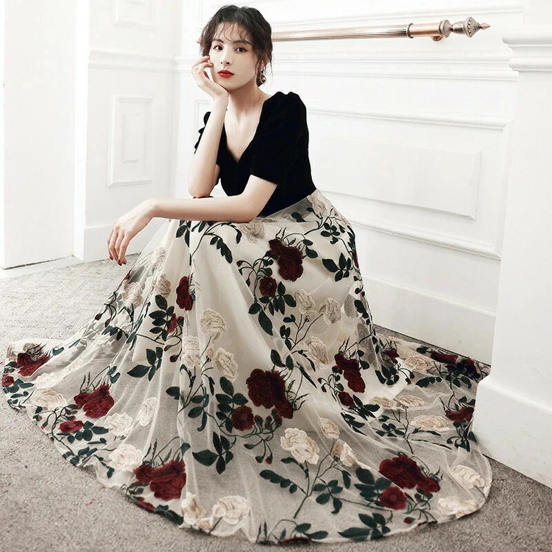 【今週だけお得】イブニングドレス 黒 花柄 オシャレ ベロア ベルベット 刺繍 キレイめ ドッキング