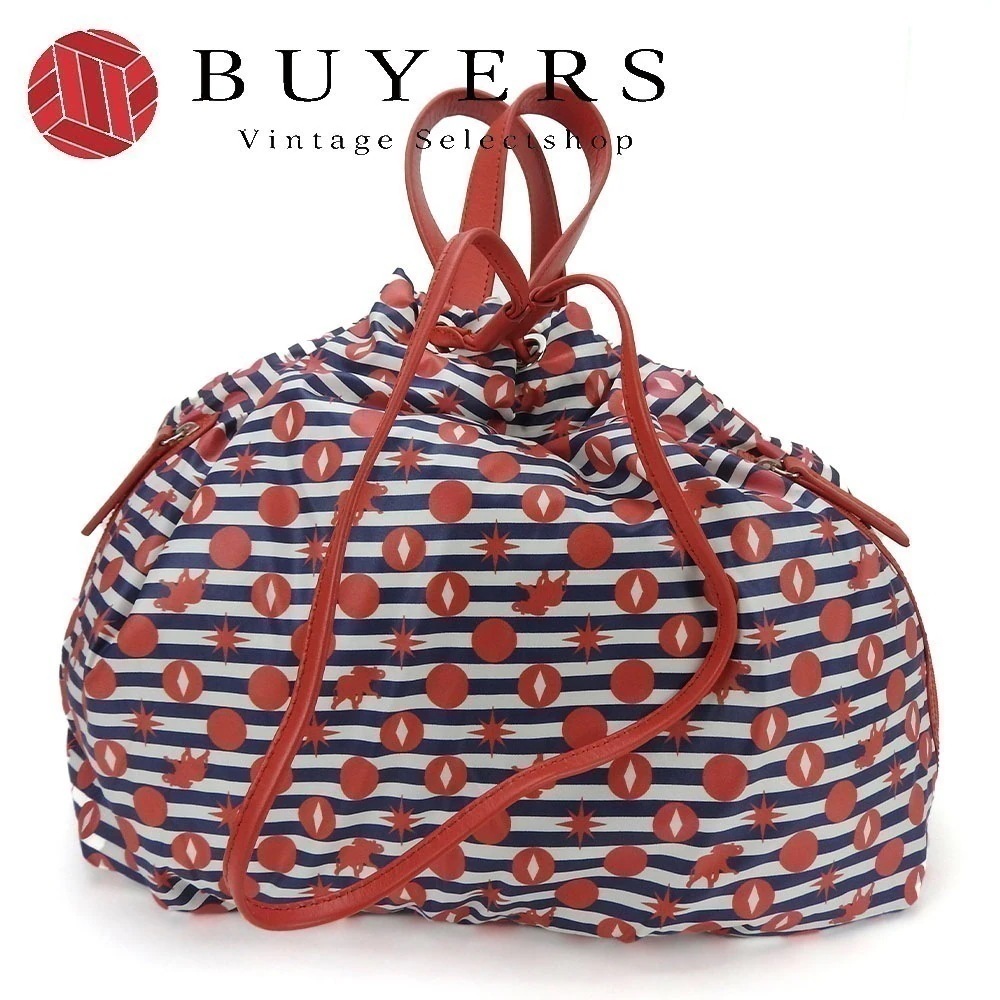 中古 リュックデイパック ナイロン レザー レッド ネイビー ボーダー 軽量 巾着 レディース 女性