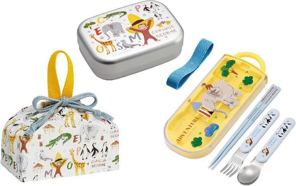 スケーター(Skater) おさるのジョージ 25 ZOO アルミ弁当箱 アルミ製 ランチボックス お弁当箱 370ml トリオセット (箸/スプーン/フォーク) ランチ巾着 おさる ジョージ Geo