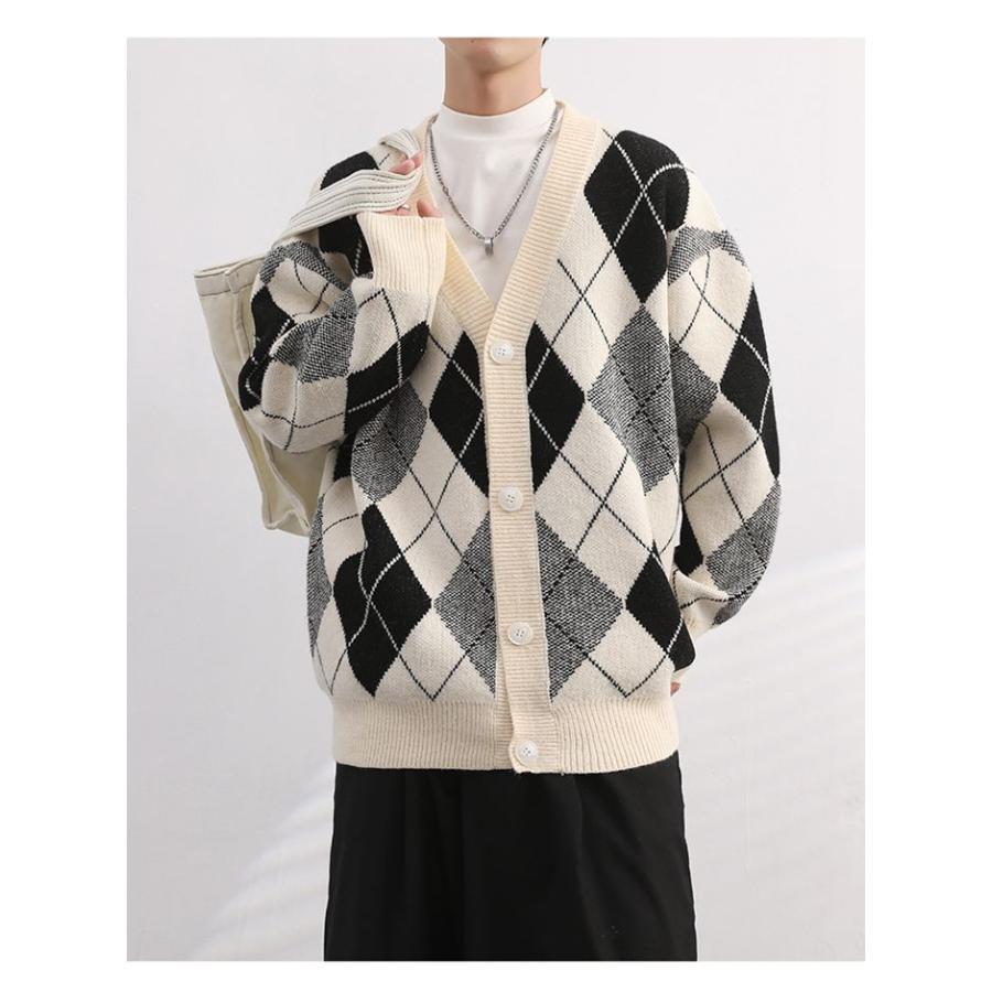 ニットカーディガン メンズ カーディガン ニット セーター Vネック 開襟 ボタン留め ライトアウター 上着 羽織 トップス ダイヤ柄