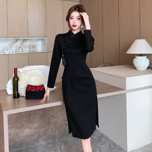 国風コイルボタン改良開叉チャイナドレス春服立襟長袖気質ワンピースファッションウエストを収めた痩せたヒップスカート 5,079円