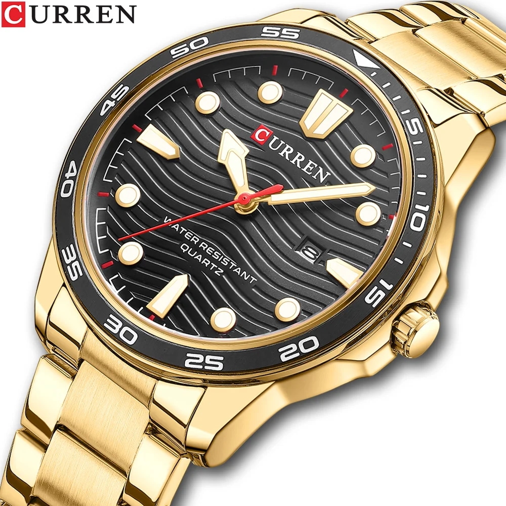 Curren-男性用ステンレススチール時計 高級ブランド クォーツ 発光 耐水性