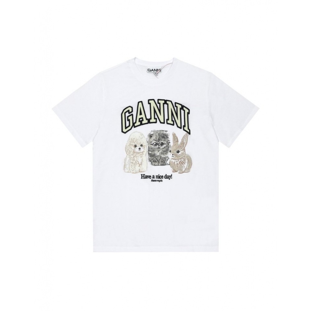 GANNI T4237 151 アニマルロゴプリントレディースショートスリーブTシャツ