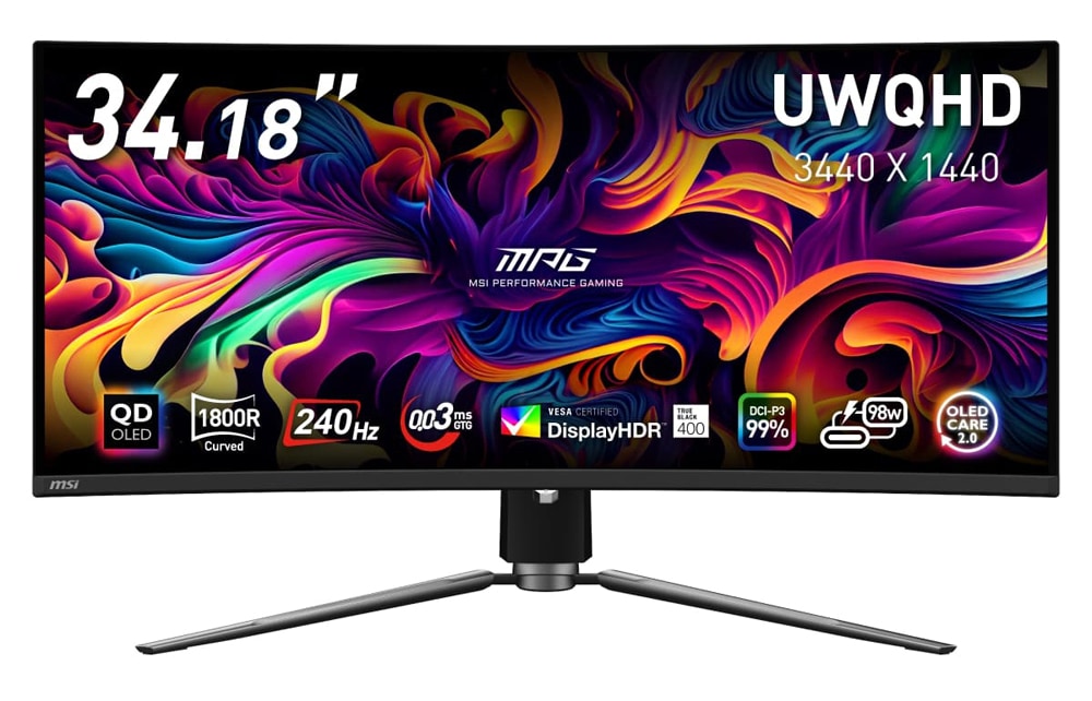 MSIエムエスアイ ゲーミング液晶ディスプレイ(34.18型/曲面型/QD-OLED/UWQHD 3440×1440/240Hz/0.03ms/HDR400/HDMI2.1/DP1.4a/USB T