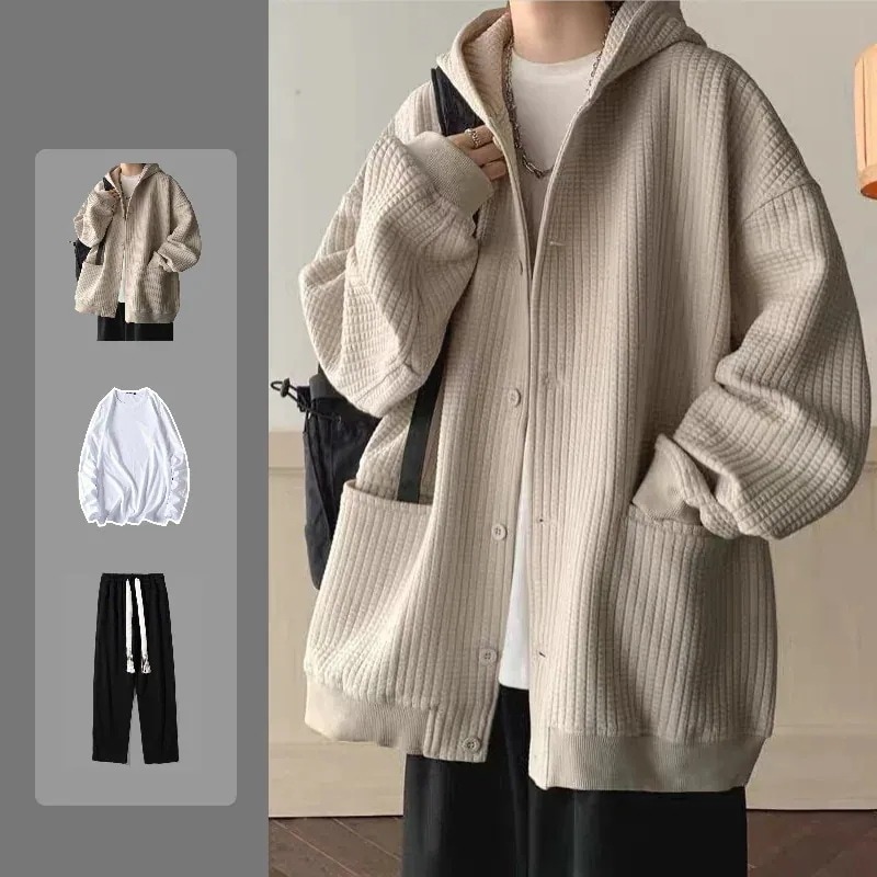 感 パーカー セットアップ シンプル ワッフルチェック メンズ 3点セット フード付きアウター+tシャツ+カジュアルパンツ