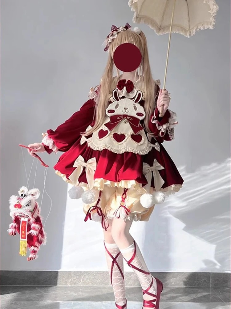 【2枚購入で200円 OFF！急速出荷】クリスマス ロリータ レッド キュート バニー 長袖 ドレス 春秋冬 ふわふわ プリンセスドレス