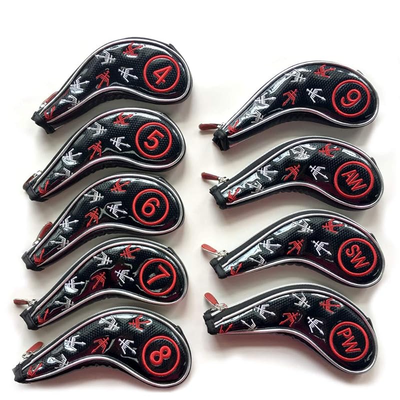 Sunbro Golf 左利きでもいい 右利きでもいい アイアンカバーゴルフ エナメル 高級刺繍 ギリシャ文化 ポセイドンのトライデント 9枚セット (黒赤)