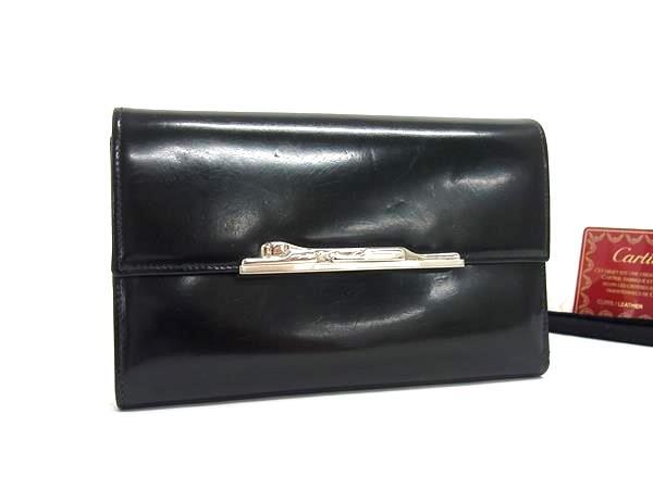 長財布 パンテール - ブラック パテントレザー レディース 三つ折り シルバー金具【本物保証】
