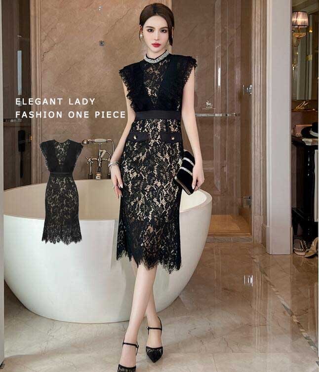 エレガント レディース ワンピース レース ワンピース オシャレ ブラック フォーマル 宴会 パーティー お呼ばれ 夏 新着 ノースリーブ ファスナー フランス風 ミモレ丈ワンピース 着痩せ 通勤 お