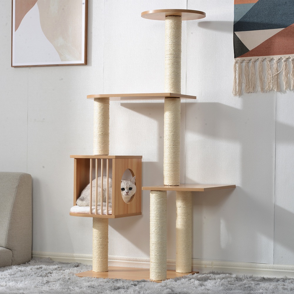 キャットタワー 木製 頑丈 据え置き おしゃれ 麻紐 爪とぎボール 猫ベッド 安全安心 ペット用品 猫用品 猫タワー キャットハウス キャット 猫 爪とぎ【ナチュラル】