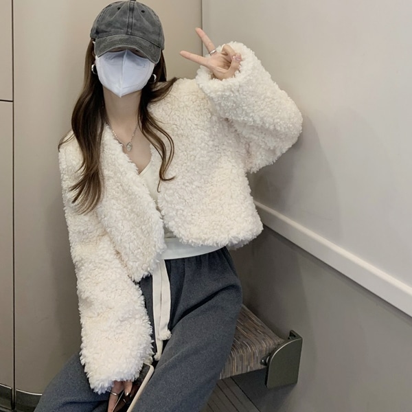 韓国ファッション ノーカラー ウール ボア ショート ジャケット