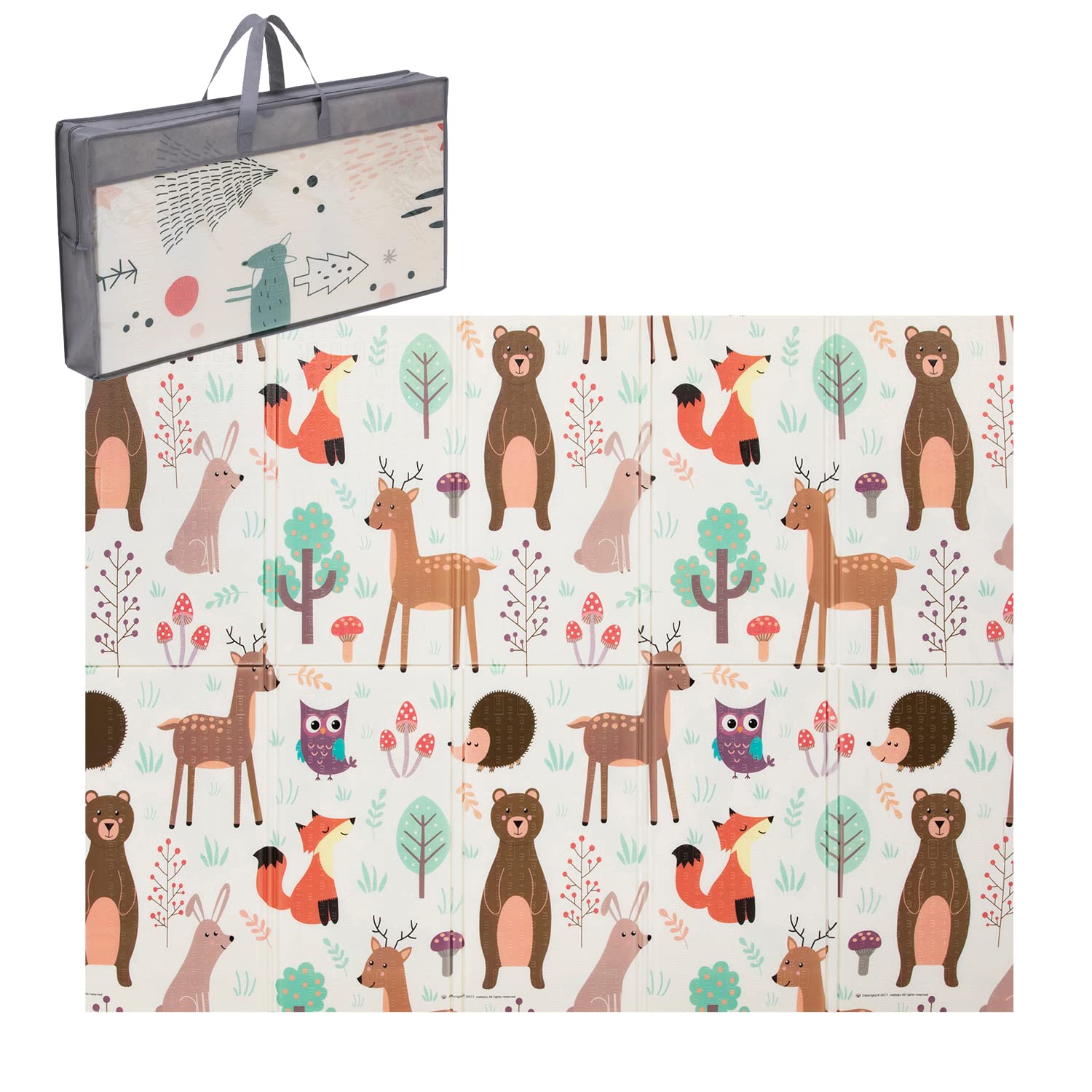 アストロ プレイマット リバーシブル 森の動物×きつね 150×200×1cm 収納バッグ付き ふわふわ ベビーマット クッションマット 折りたたみ お手入れ簡単 床キズ防止 730-01