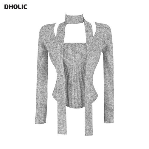 [メガ割りSALE]ストラップ付2WAYパフスリーブリブニット