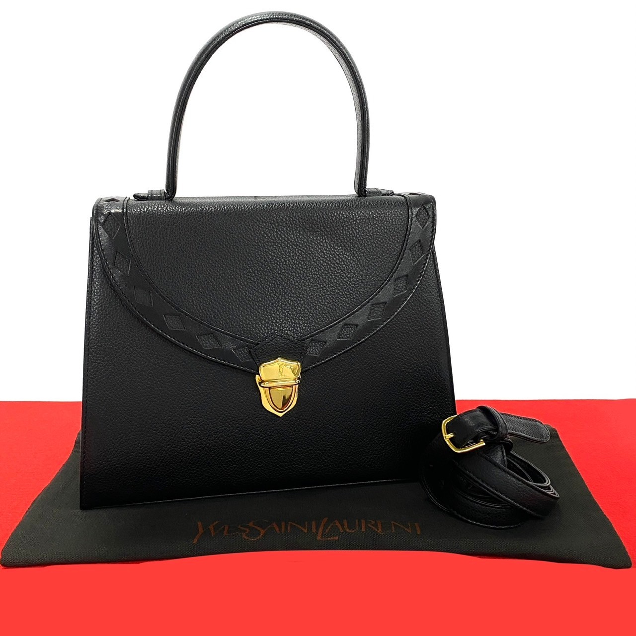 ヴィンテージ YSL ロゴ 金具 カットアウトショルダーバッグ レザー ブラック 24861
