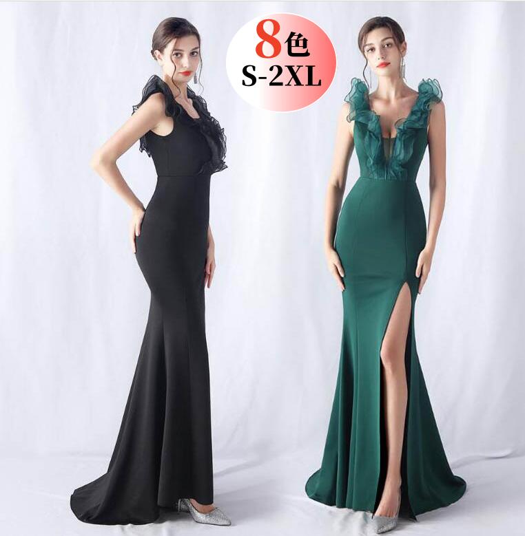 肩フリル フリル襟 ワンピース ドレス 披露宴 二次会 キャバドレス ロングドレス タイト ノースリーブ ワンピース スリット入り 無地 イブニングドレス お花嫁 パーティードレス ウェディングドレス