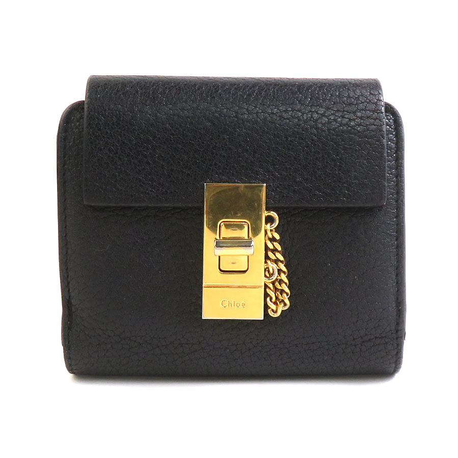 クロエ Chloe 二つ折り財布 ドリュー レザー ブラック ゴールド レディース e61421a