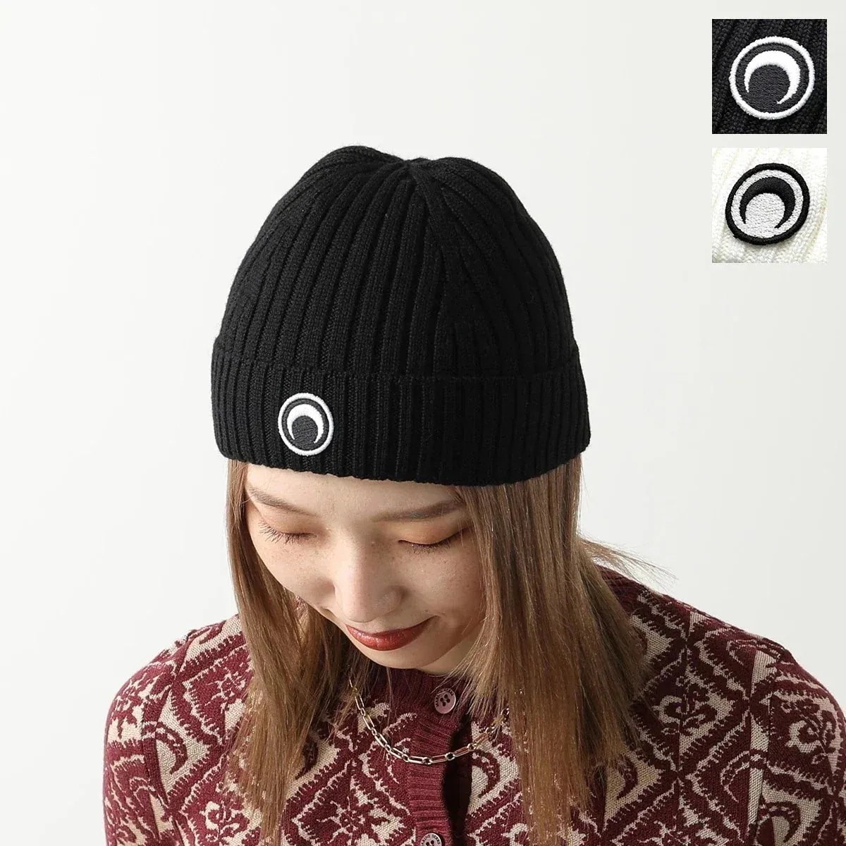 Marine Serre マリーン セル ニット帽 UHG012 CKNI0033 レディース ビーニー ウール リブ 三日月 モチーフ 刺繍 ニットキャップ
