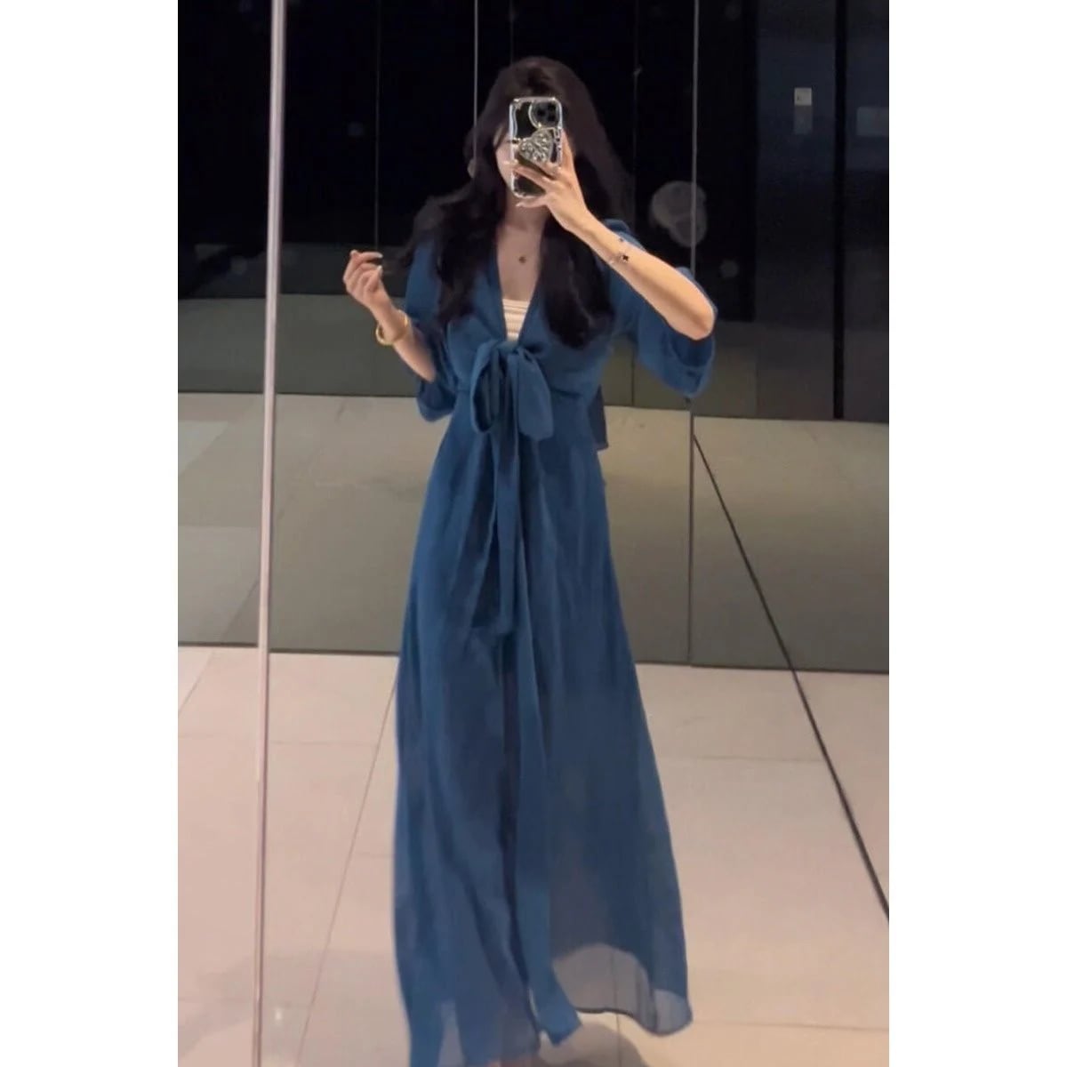 【3日出荷】 ロングワンピース 香港風 ガーリー ドレープ感 おしゃれ 細見え デート ブルー フェアリー系 小花柄 レディース かわいい ワンピース