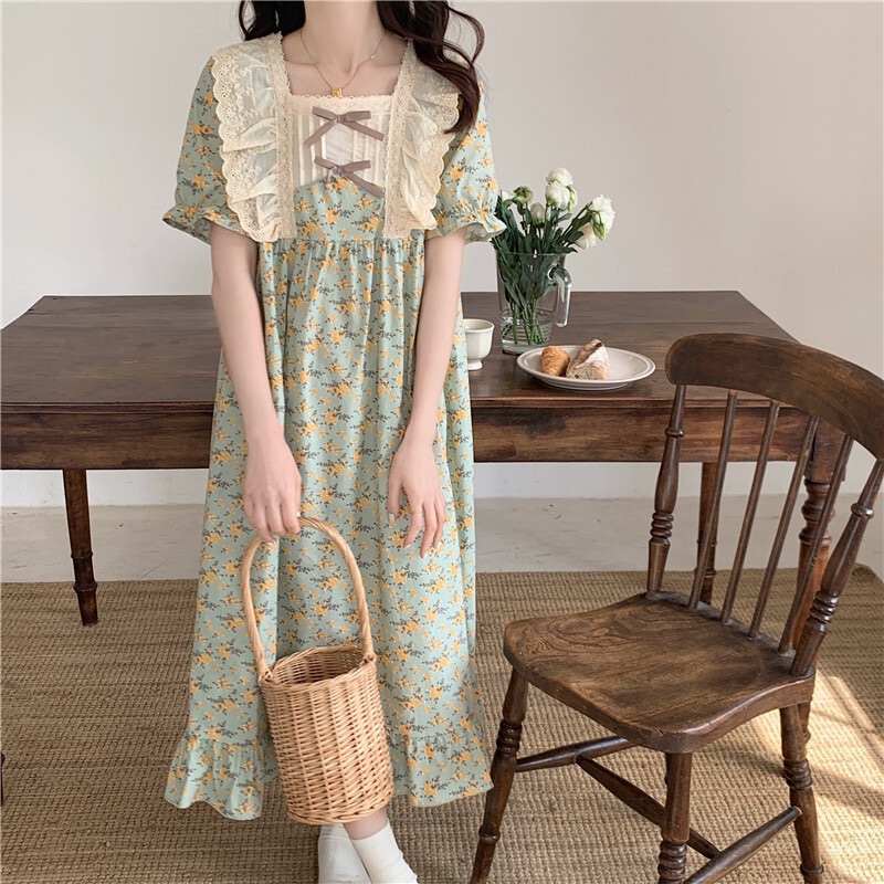 ルームウェア ワンピース 花柄 レディースパジャマ パジャマ 部屋着 寝巻き ナイトウェア ミモレ丈 半袖 フレア フリル 上下セット かわいい シンプル 大人 おしゃれ 大人女子 キュート 柄 春