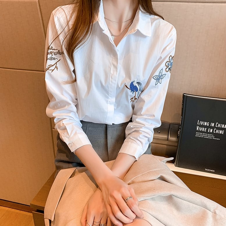 レディース 刺繍シャツ トップス ブラウス 白シャツ 白ブラウス 刺繍ブラウス 長袖 襟付き