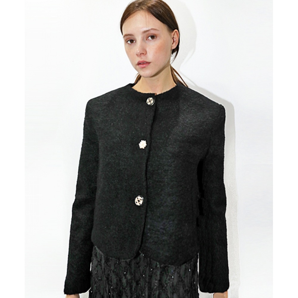 DAMAGE MNEMONICカーリングウールラウンドネックブラックジャケット_Curling Wool BK JK